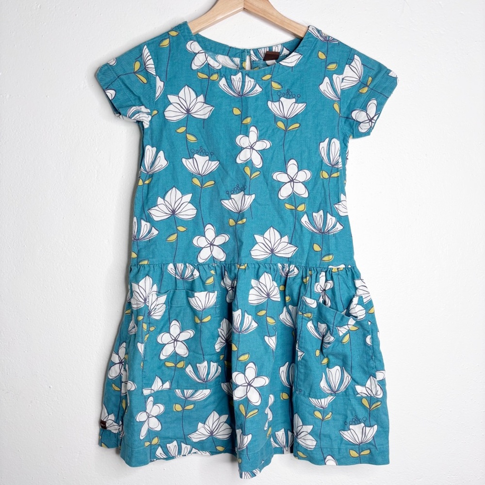 Tea Collection Turquoise Floral Short Sleeve Dress Size 8 EUC